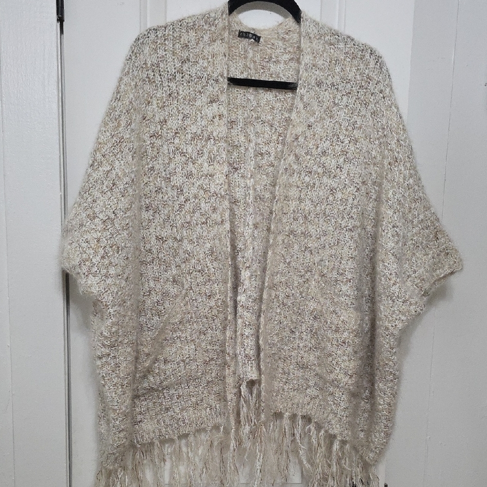 Cozy Beige Knit Sweater with Fringe